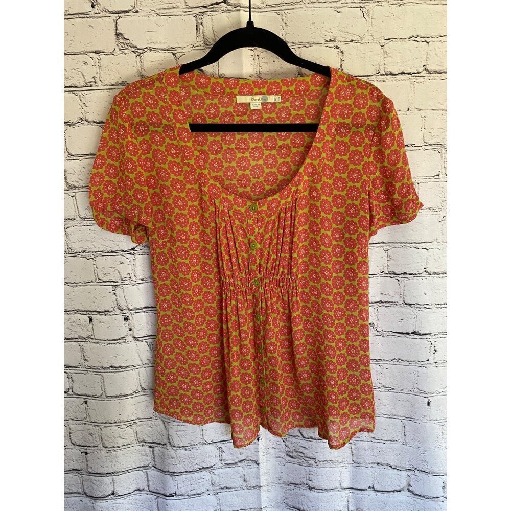 Boden Pink And Yellow Stylized Floral Pleat Front Puffed Sleeve Blouse 8